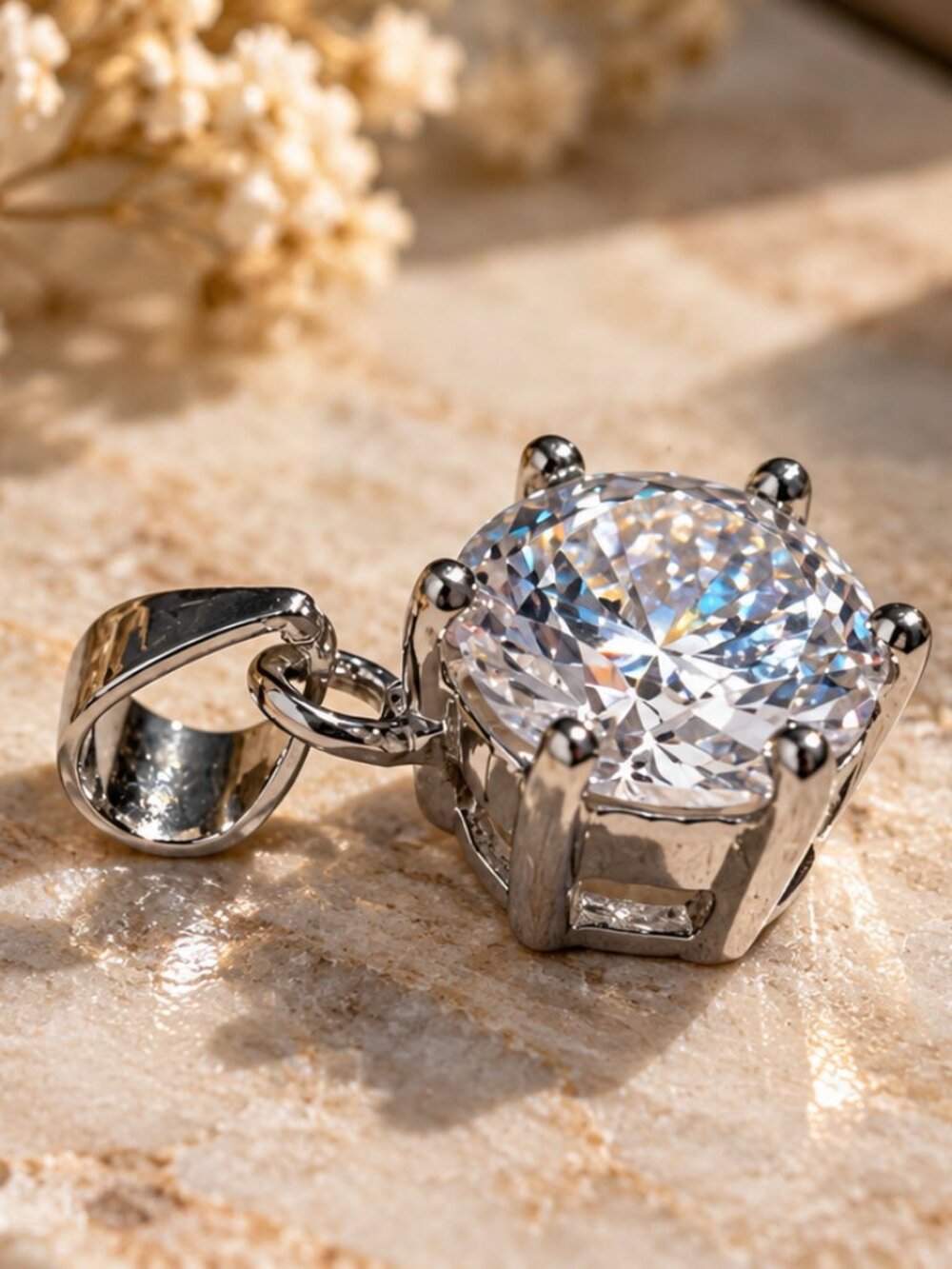 Sterling Silver 925 Solitaire Pendant with Large Round Clear Crystal